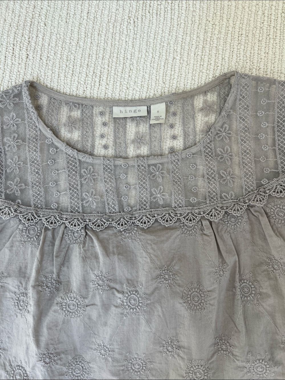 hinge Taupe Lace-Trim Long Sleeve Eyelet Top